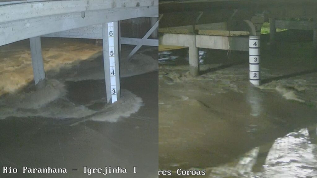 Imagens mostram nível do Rio Paranhana em intervalo de 24 horas após mais de 110 mm de chuva