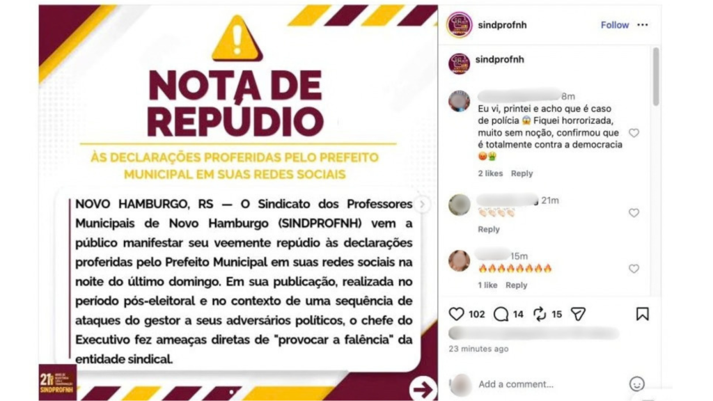 SindProf de Novo Hamburgo se manifesta depois de indiretas postadas por Finck